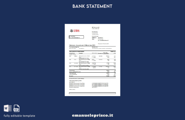 modello di versione Excel dell'estratto conto bancario UBS svizzero in stile ver